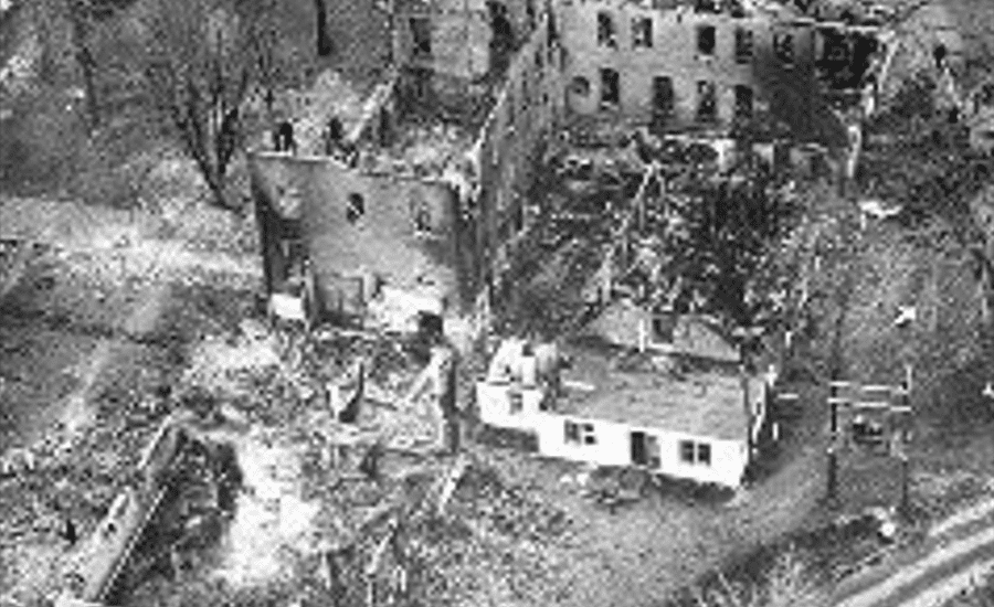 Aerial view of the Katie Jane nursing home showing only the walls remain partially standing after the February 17, 1957 fire.