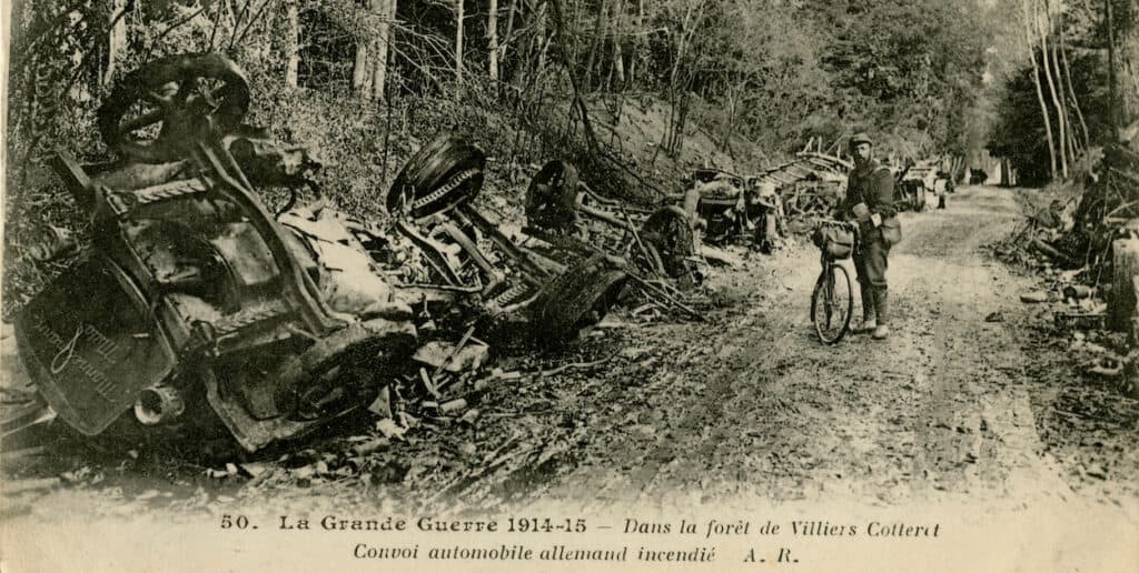 Photo of a burn German Convoy in France, taken in 1914