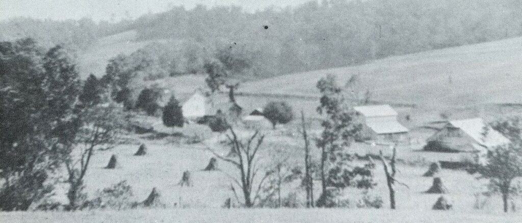 Depiction of rolling hills of early Warren County settlements and farms