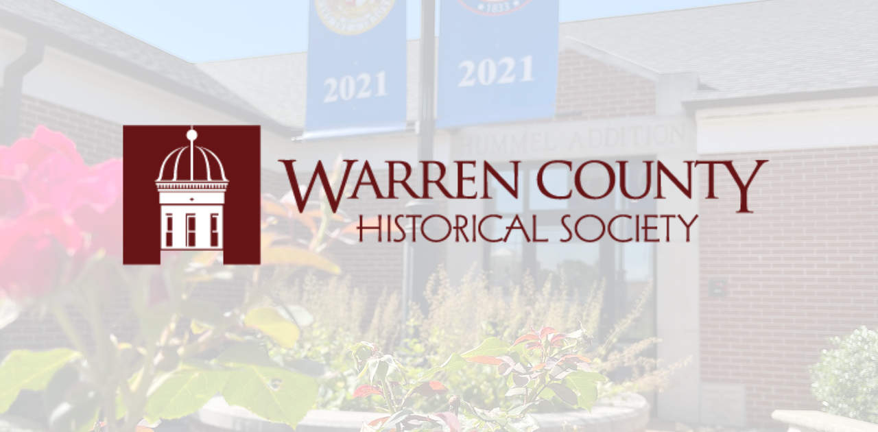 The Warren County Historical Society logo on a photo of the Hummel Addition building.