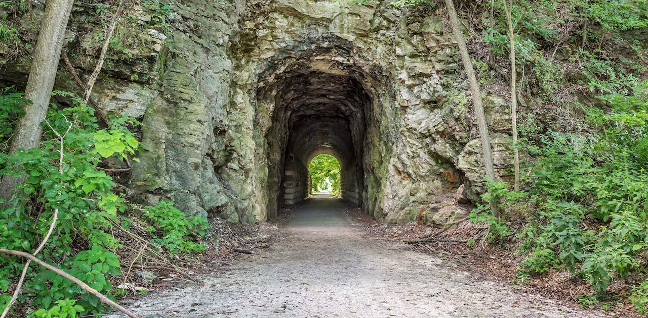 MKT tunnel on Katy Trail at Rocheport, Missouri. The Katy Trail is 237 mile bike trail stretching across most of the state of Missouri converted from an old railroad.