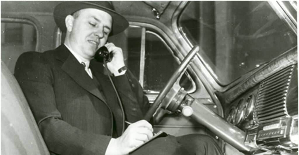 A Southwestern Bell worker testing mobile telephone service in St. Louis in 1946.