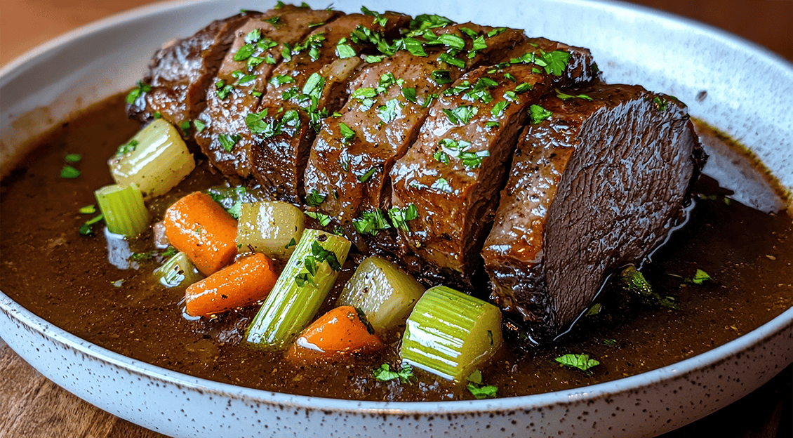 Hearty German-style beef stew with carrots and celery in a rich gravy.