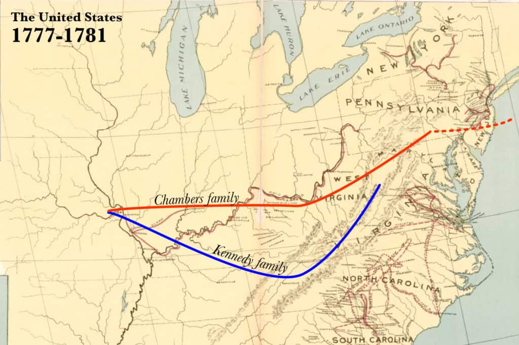 Map base via McConnell Map Co, and James McConnell. McConnell's historical maps of the United States. Library of Congress, Geography and Map Division. Chambers and Kennedy family members migrated west after the Revolution, circa 1803-1807.
