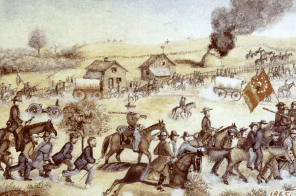 Price's Missouri Raid. Watercolor painting of the Price Raid by Samuel J. Reader, 1865.