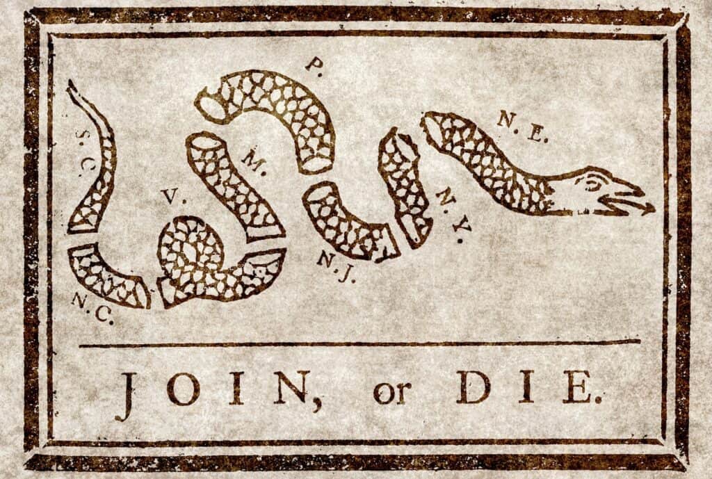 Join or die, Benjamin Franklin's warning to British colonies in America, from The Pennsylvania Gazette, ca 1754.