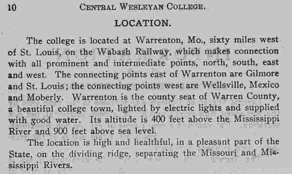 Page 10 of the 1906 to 1907 Central Wesleyan College catalogue, under the heading Location, describing Warrenton as a beautiful college town lighted by electric lights, high and healthful.
