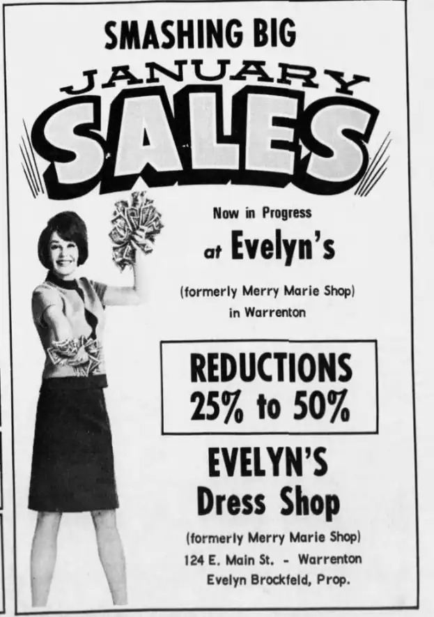 Newspaper ad reading Smashing Big January Sales at Evelyn's Dress Shop, formerly Merry Marie Shop, 124 E. Main St., Warrenton, with reductions of 25% to 50%. A smiling woman holds bundles of cash.
