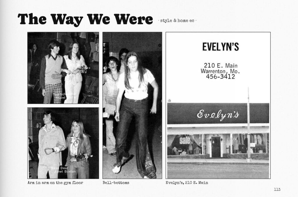 Yearbook photos and ads of 70s era fashion in Warren County, MO