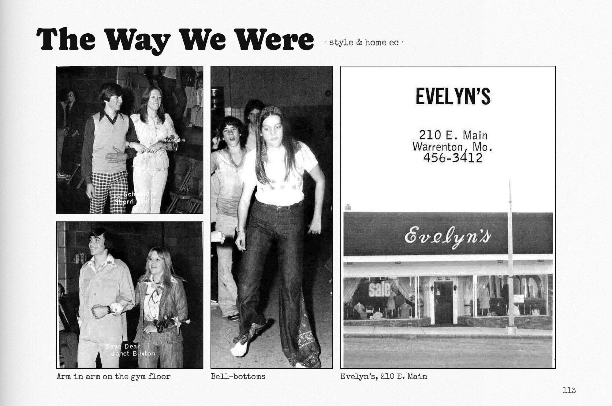 Yearbook photos and ads of 70s era fashion in Warren County, MO