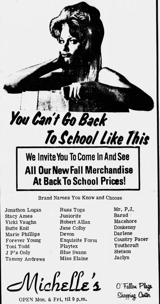Newspaper ad for Michelle's at O'Fallon Plaza Shopping Center: You Can't Go Back To School Like This, with a list of clothing brand names.