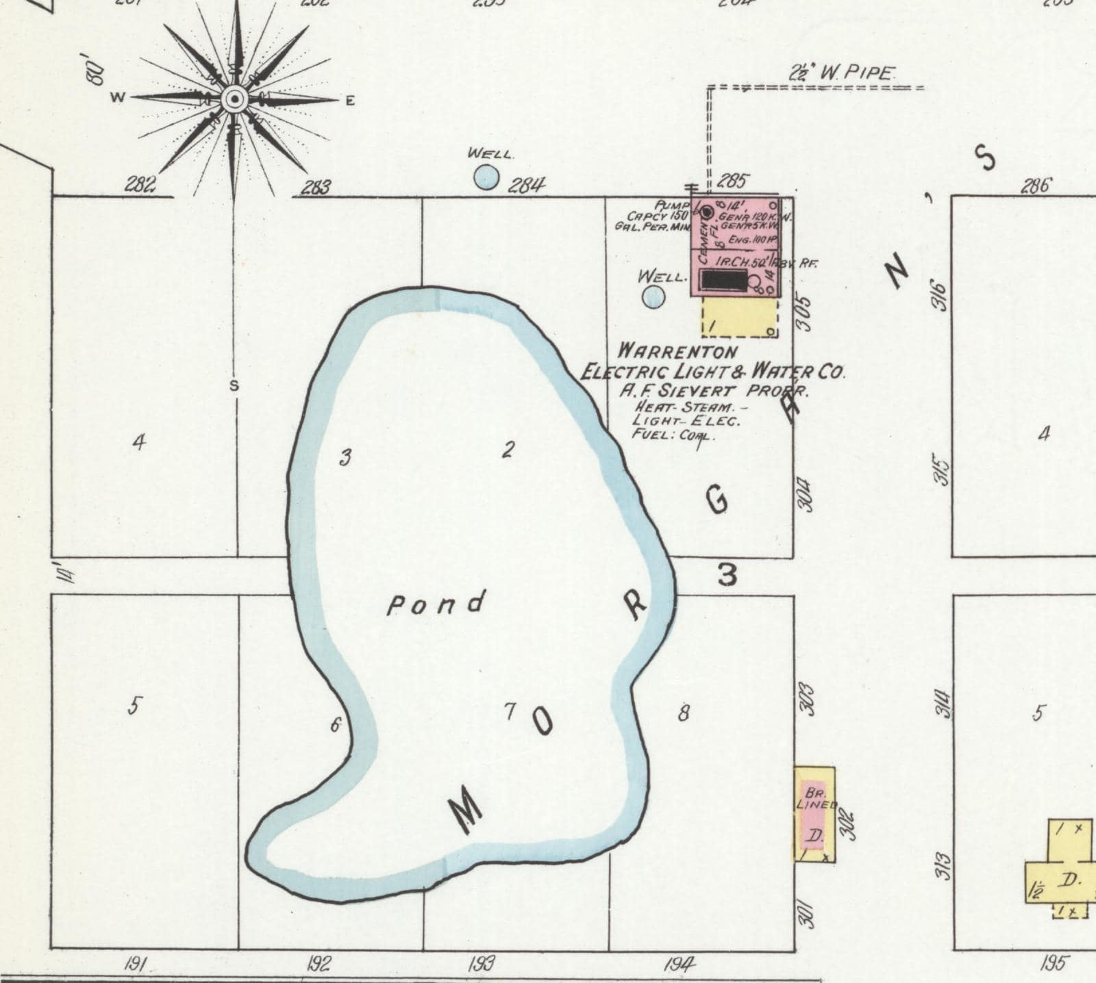 Detail of a 1909 Sanborn fire insurance map of Warrenton showing the Warrenton Electric Light and Water Co., A. F. Sievert proprietor, with its engine, generators and well beside a large pond.