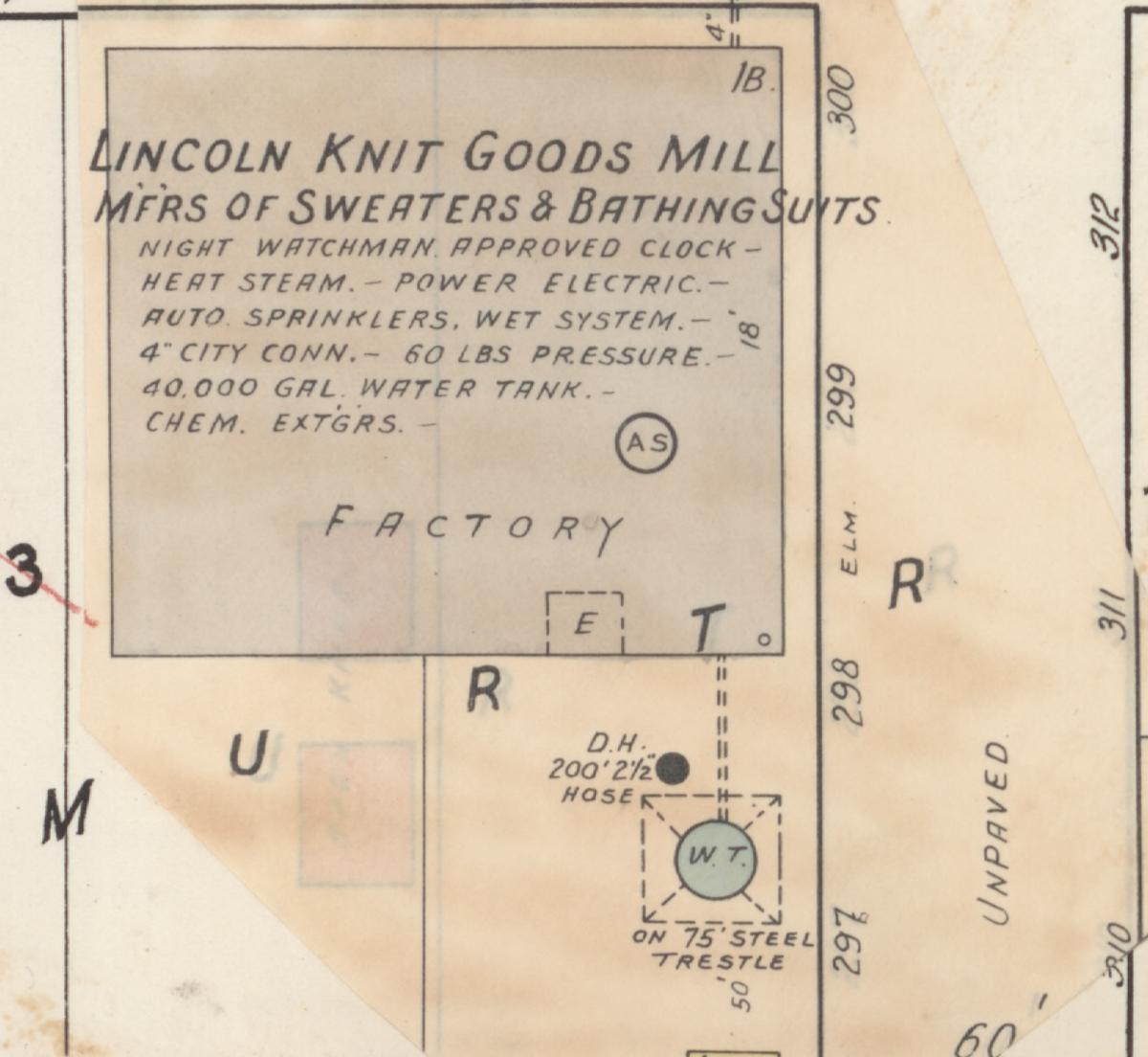 Sanborn map detail of the Lincoln Knit Goods Mill in Warrenton, makers of sweaters and bathing suits, noting heat steam, power electric, and a 40,000-gallon water tank on a 75-foot steel trestle.