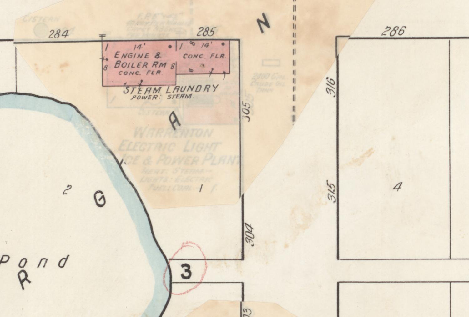Detail of the 1932 Sanborn map of Warrenton where a pasted-on correction relabels the old Warrenton Electric Light, Ice and Power Plant building as a steam laundry.