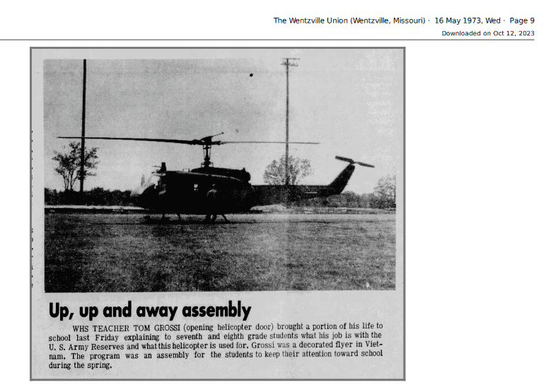 Newspaper clipping from the Wentzville Union, May 16, 1973, headlined Up, up and away assembly, showing an Army helicopter parked on a school field.
