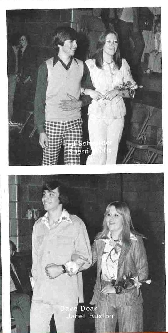 Two yearbook photos of high school couples walking arm in arm, labeled Ted Schneider and Sherri Wells, and Dave Dear and Janet Buxton. Styles include a sweater vest, plaid trousers, wide collars and a striped pantsuit.